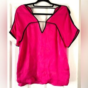Bebe Women’s Hot Pink Split-Neck Blouse with Black Trim